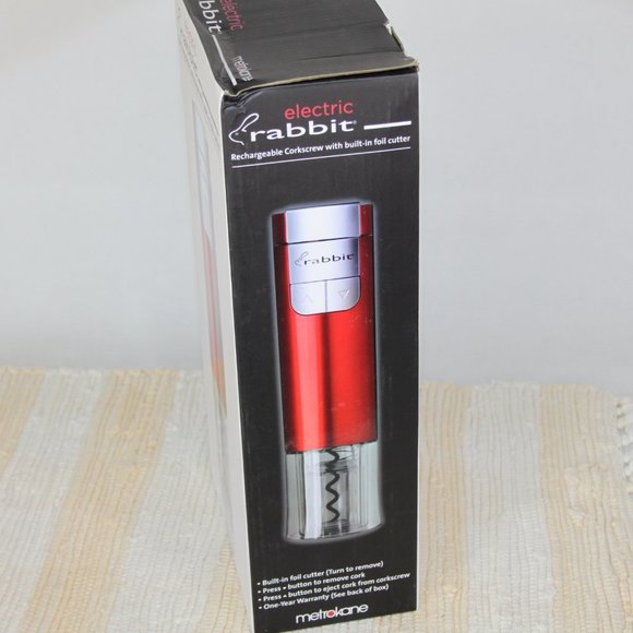 ELECTRIC RABBIT RECHARGEABLE CORKSCREW w/BUILT-IN FOIL CUTTER RED METROKANE - Picture 6 of 10